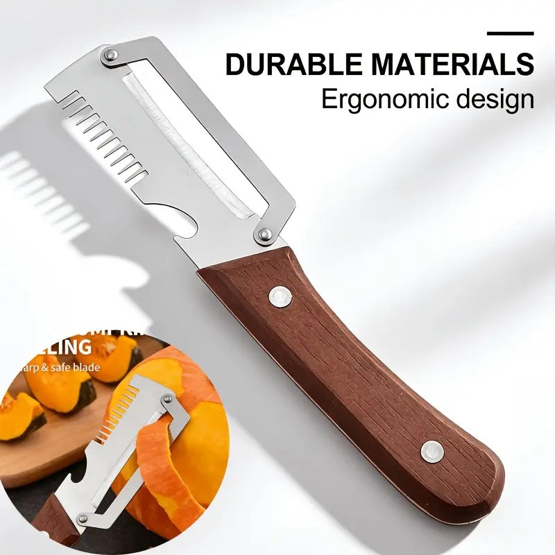 3-in-1 Stainless Steel Vegetable Peeler with Wooden Handle | Fruit & Vegetable Cutter, Slicer & Bottle Opener