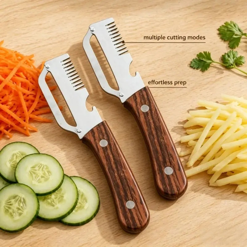 3-in-1 Stainless Steel Vegetable Peeler with Wooden Handle | Fruit & Vegetable Cutter, Slicer & Bottle Opener