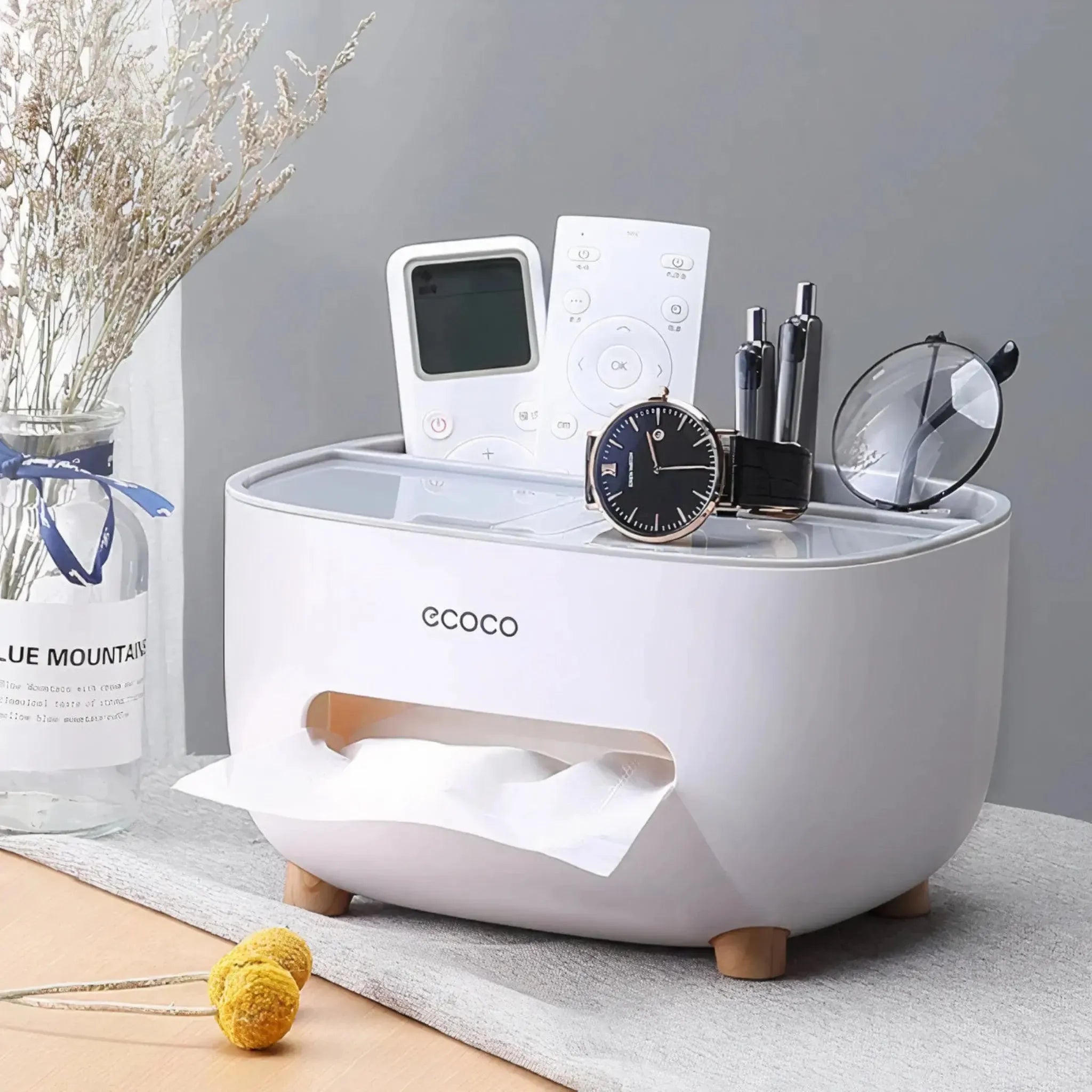 ECOCO Tissue Box with Storage Drawer | Multifunctional Desk & Remote Organizer