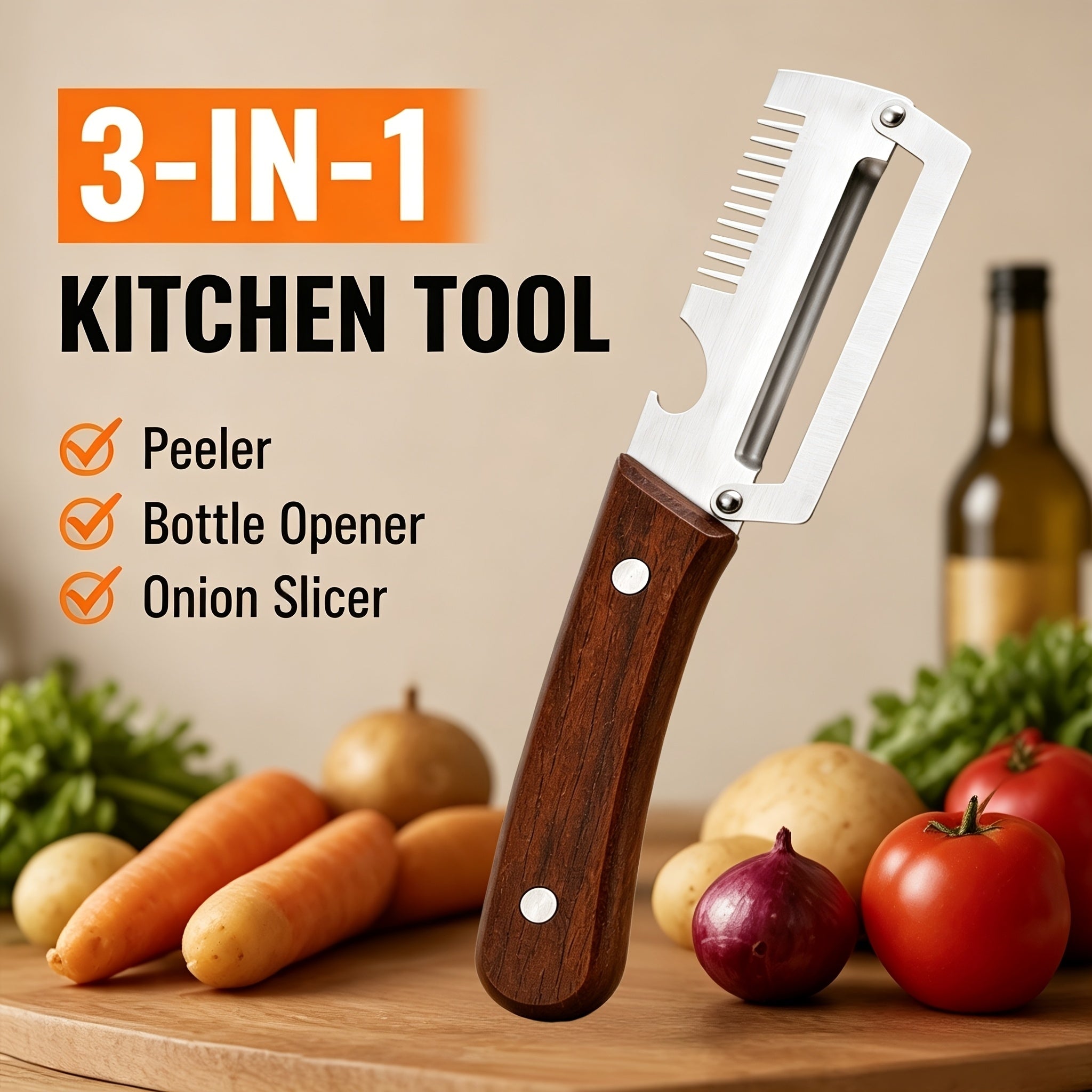 3-in-1 Stainless Steel Vegetable Peeler with Wooden Handle | Fruit & Vegetable Cutter, Slicer & Bottle Opener