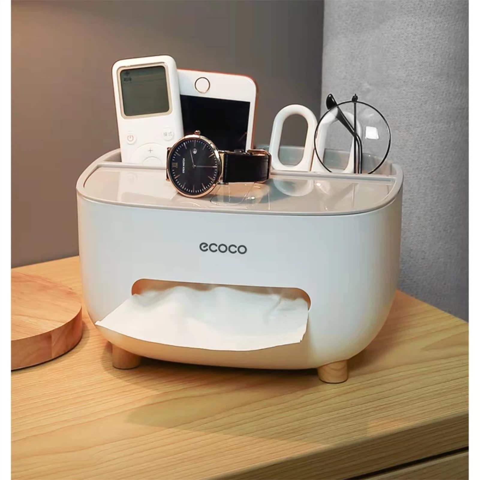 ECOCO Tissue Box with Storage Drawer | Multifunctional Desk & Remote Organizer
