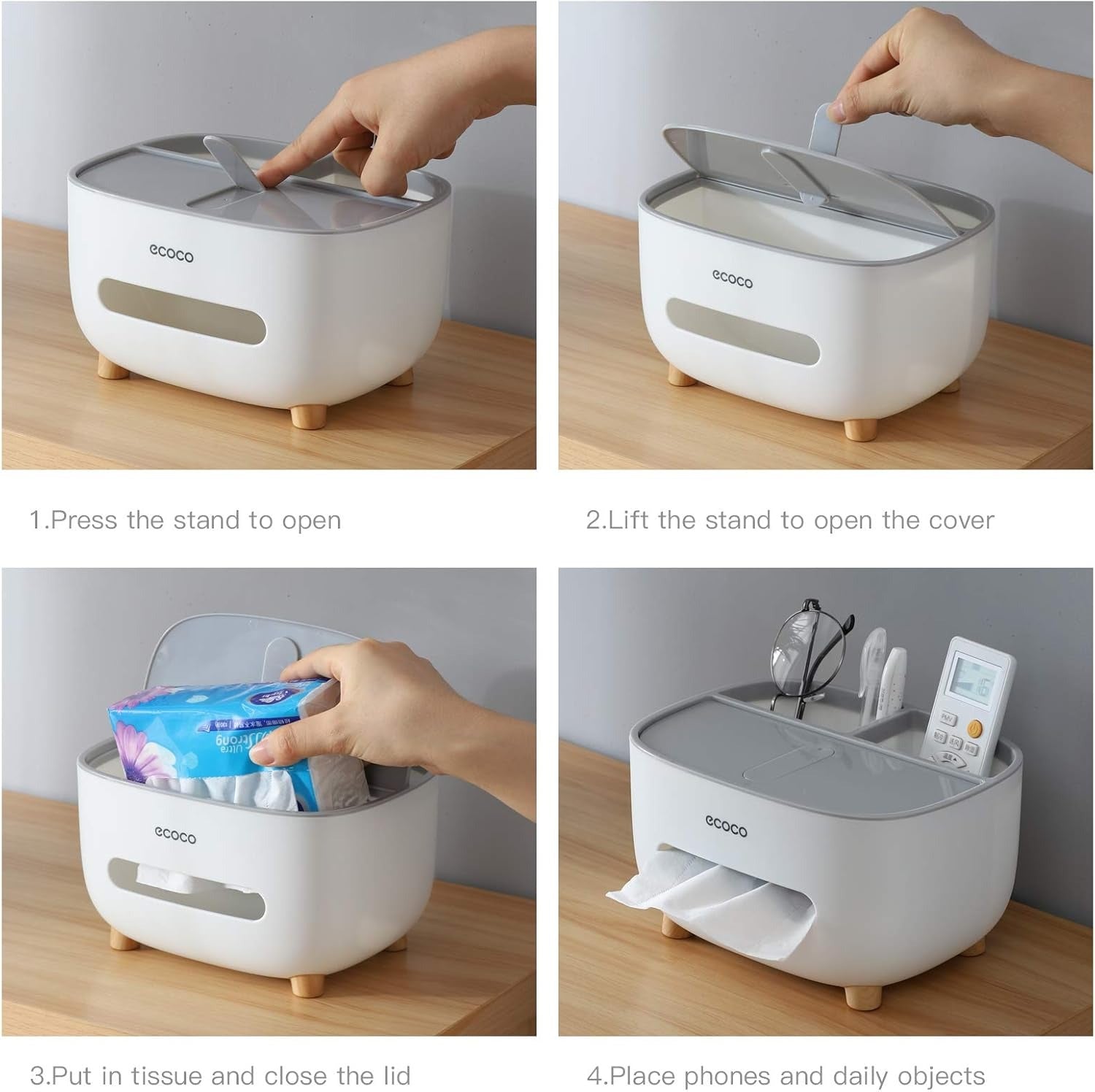 ECOCO Tissue Box with Storage Drawer | Multifunctional Desk & Remote Organizer