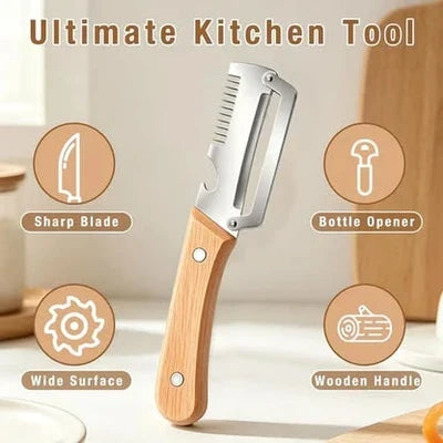 3-in-1 Stainless Steel Vegetable Peeler with Wooden Handle | Fruit & Vegetable Cutter, Slicer & Bottle Opener