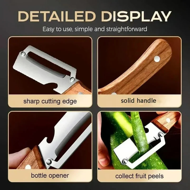 3-in-1 Stainless Steel Vegetable Peeler with Wooden Handle | Fruit & Vegetable Cutter, Slicer & Bottle Opener
